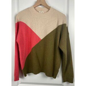 Roolee Karmiti Diagonal Colorblock Sweater Olive Green Coral Pink Beige Knit XL